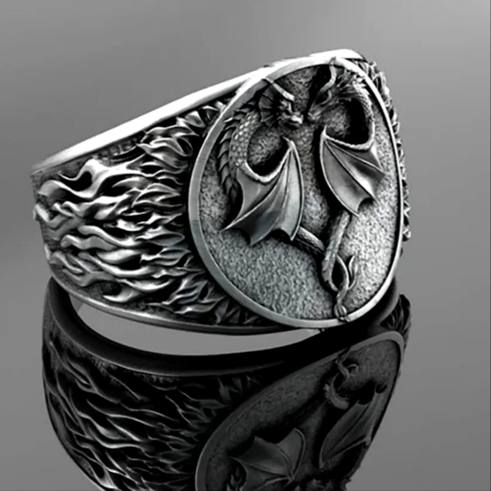 Vintage 925 Silver Double Dragon Opposition Ring Men's Ring